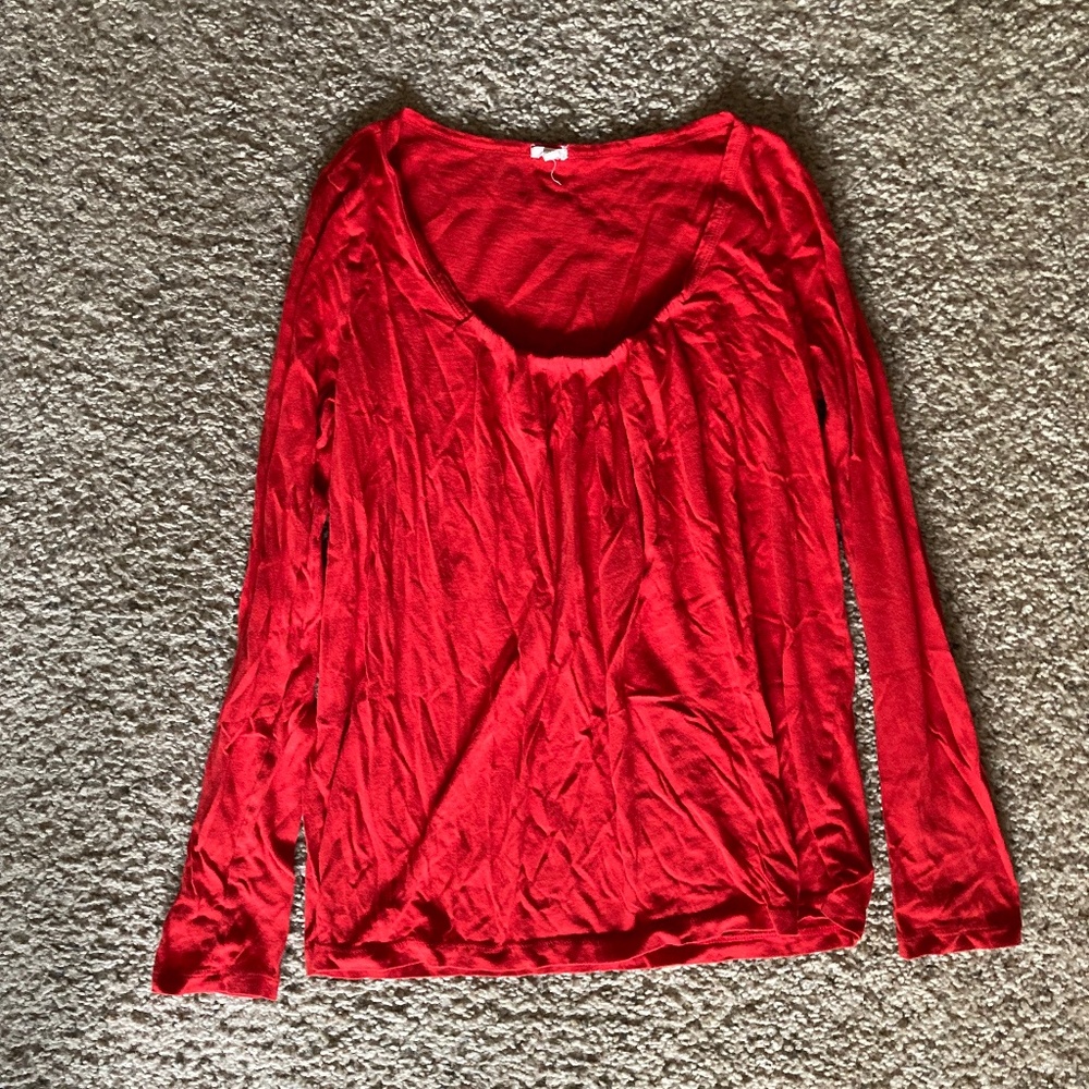 J Crew Red Pleated Scoop Neck Long Sleeve Tee, Size XS